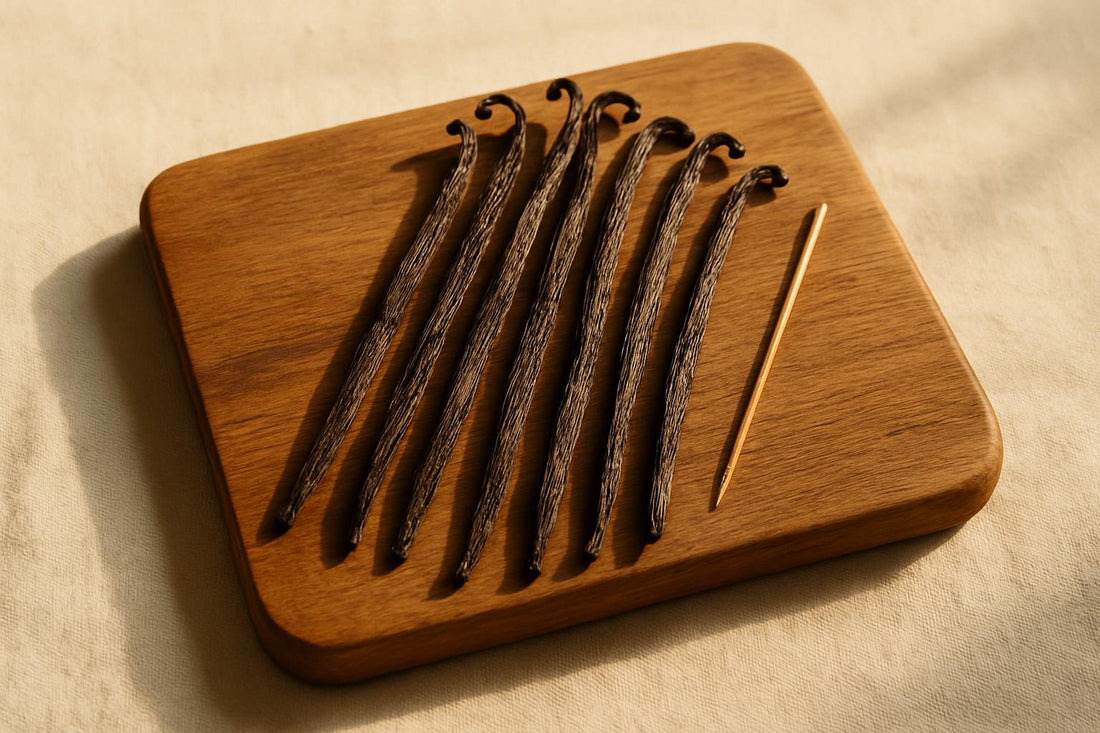 Whole dried vanilla beans arranged on a wooden cutting board with a small wooden pollination stick, natural window light