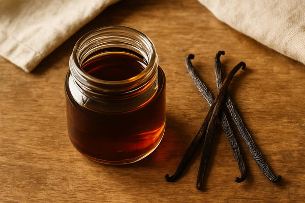 Open glass jar of dark amber vanilla extract on a wooden table with split Madagascar vanilla beans beside it, overhead angle
