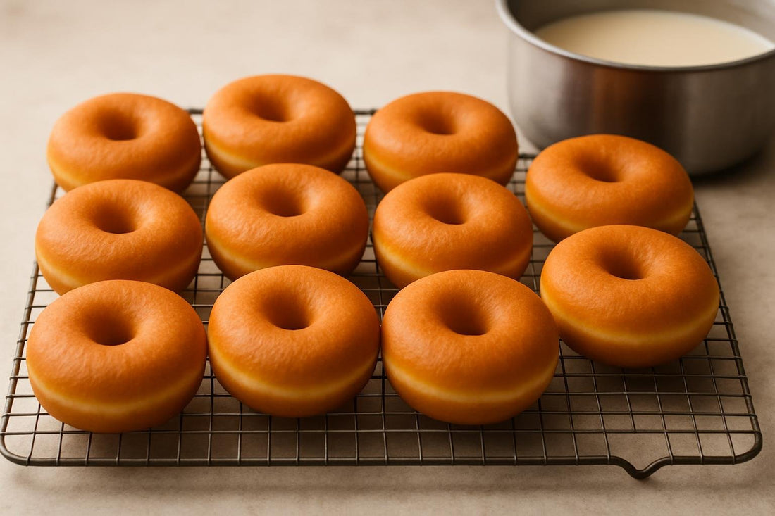 A dozen plain, unglazed yeast doughnut dough for filling cooling on a wire rack next to a pot, golden brown