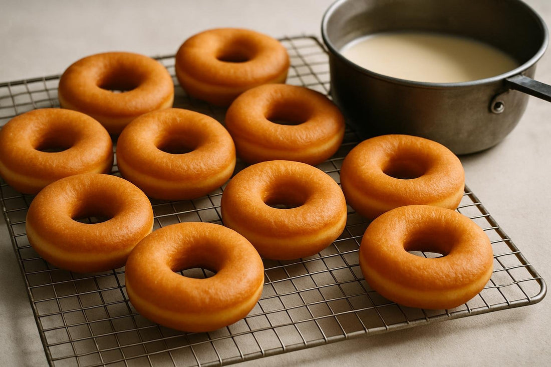 A dozen plain, unglazed yeast ring doughnut dough cooling on a wire rack next to a pot, golden brown