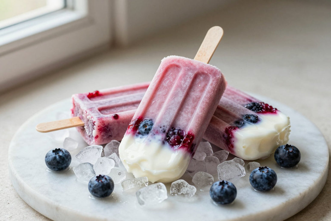 Three yogurt berry popsicles on a bed of crushed ice on a light marble surface, one with a bite taken out