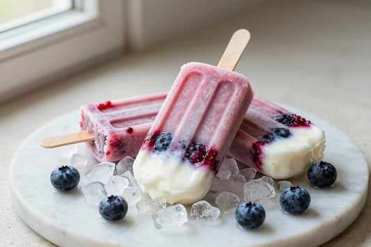 Three yogurt berry popsicles on a bed of crushed ice on a light marble surface, one with a bite taken out