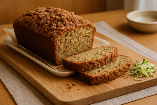 Zucchini Bread loaf with sliced pieces on an oak board