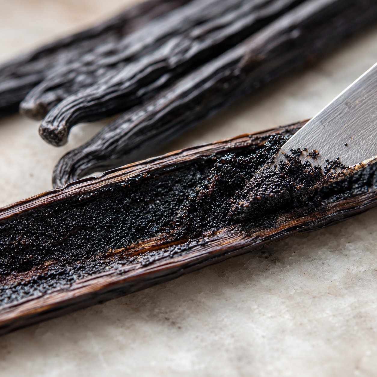 Close-up of vanilla beans with one opened bean showing dark vanilla paste, with a metal spatula scraping the paste, on a light stone surface.