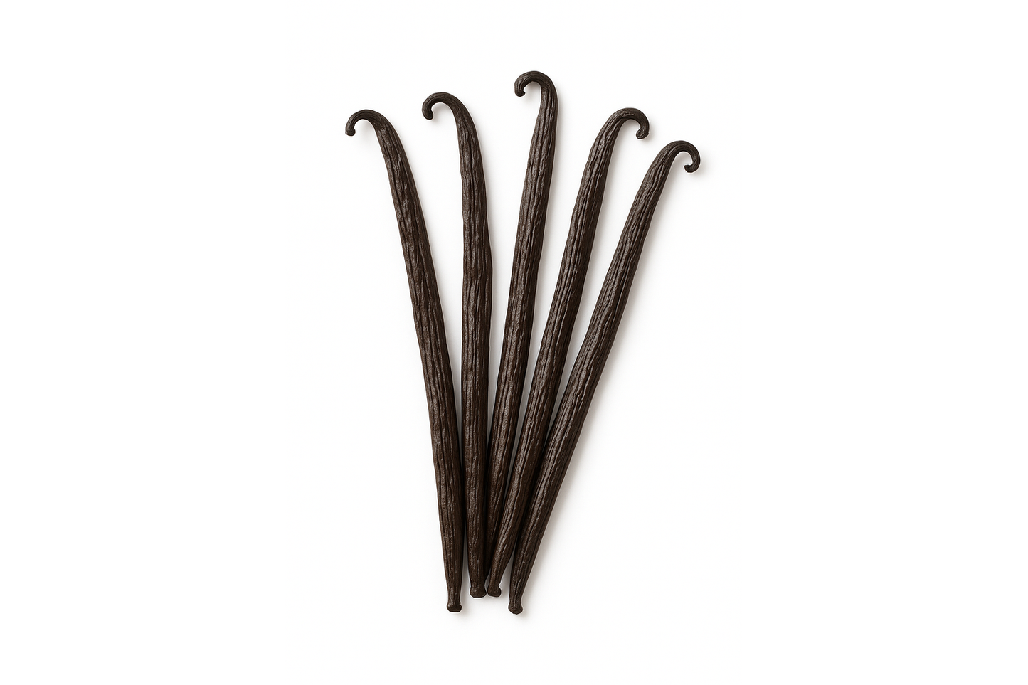 Five vanilla beans on a white background