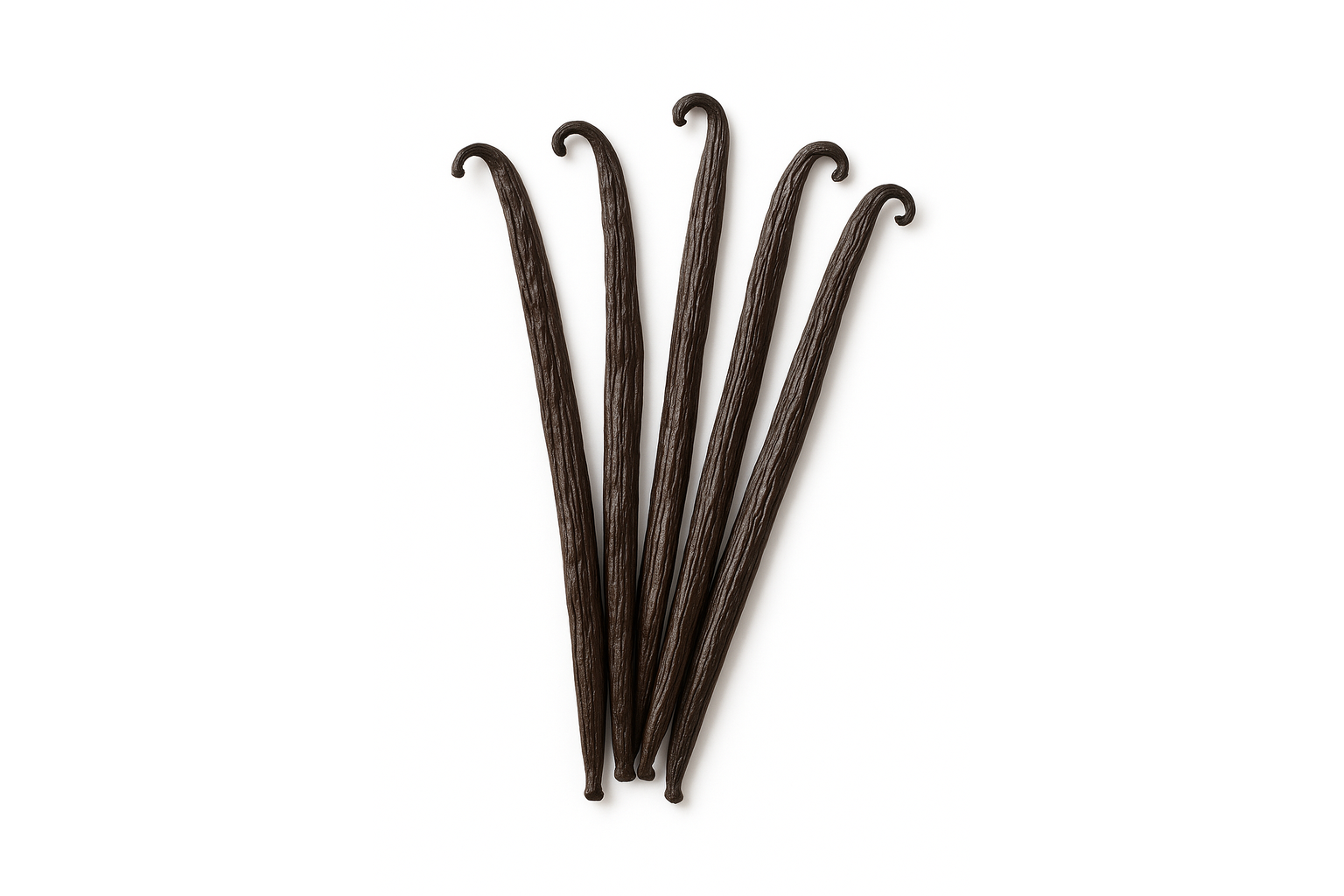 Five vanilla beans on a white background