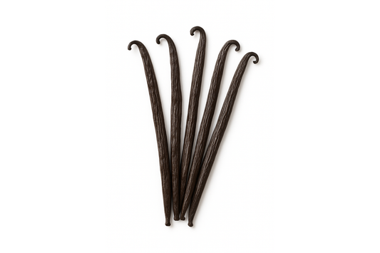 Five vanilla beans on a white background