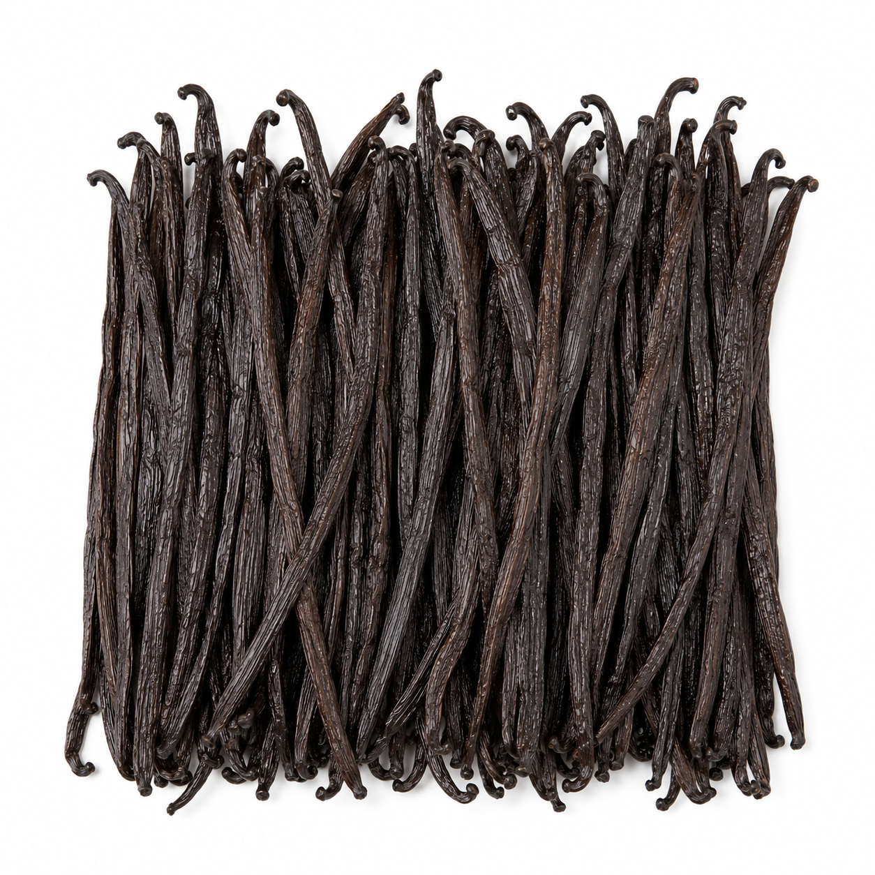 A dense cluster of dark Madagascar vanilla beans arranged in a square shape on a plain white background.