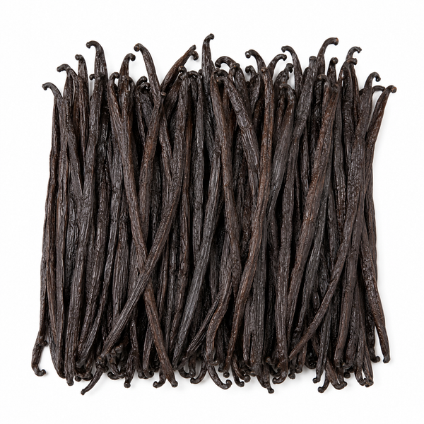 A dense cluster of dark Madagascar vanilla beans arranged in a square shape on a plain white background.