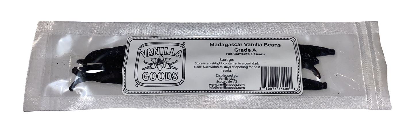 Packaged vanilla beans with 'Vanilla Goods' label on a white background