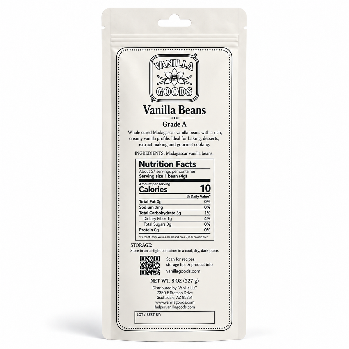 Madagascar Vanilla Beans, Grade A, 8 oz bag