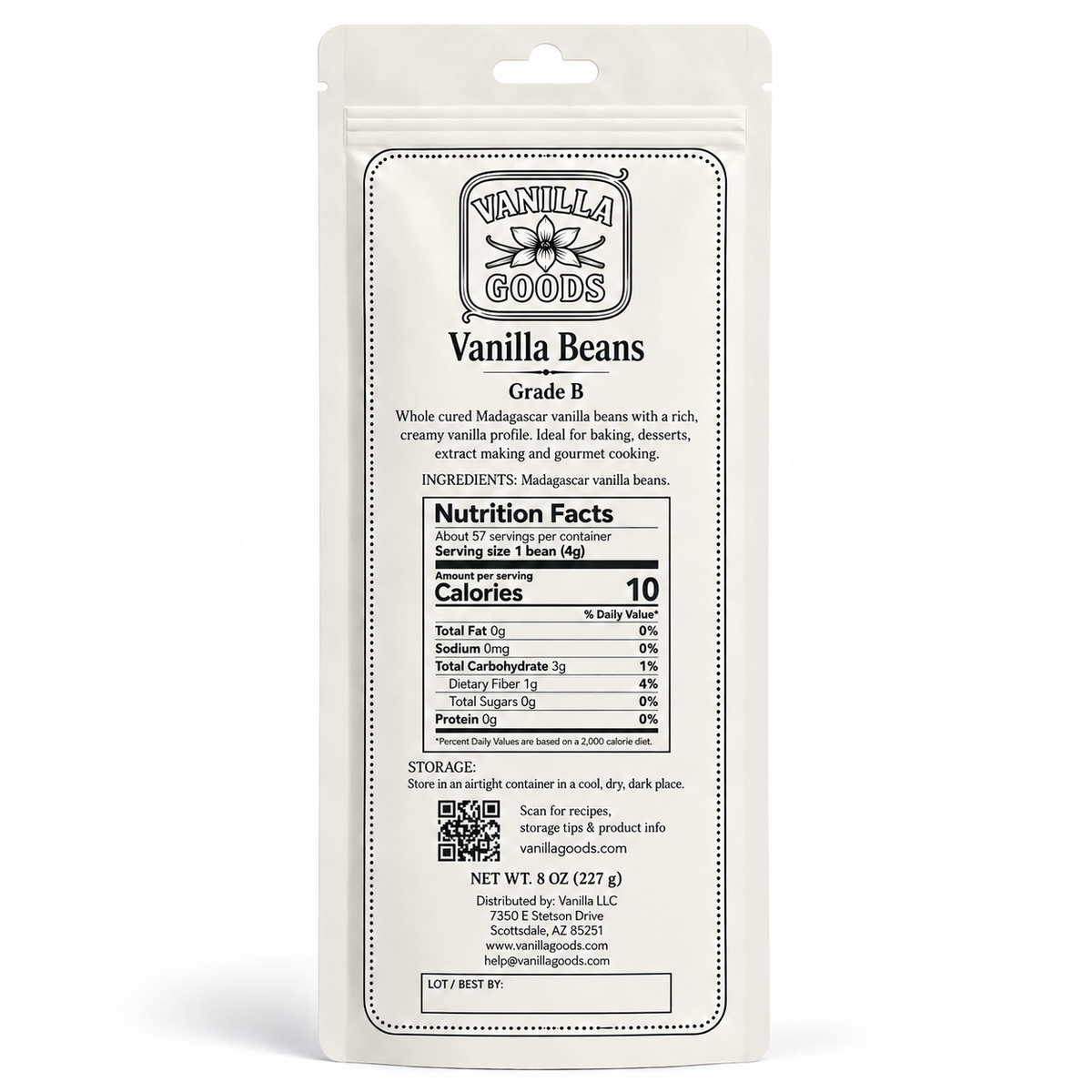 Madagascar Vanilla Beans, Grade B, 8 oz bag