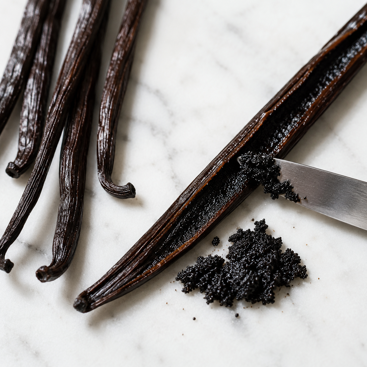 Vanilla beans and a knife scraping fresh vanilla paste on a white marble surface.
