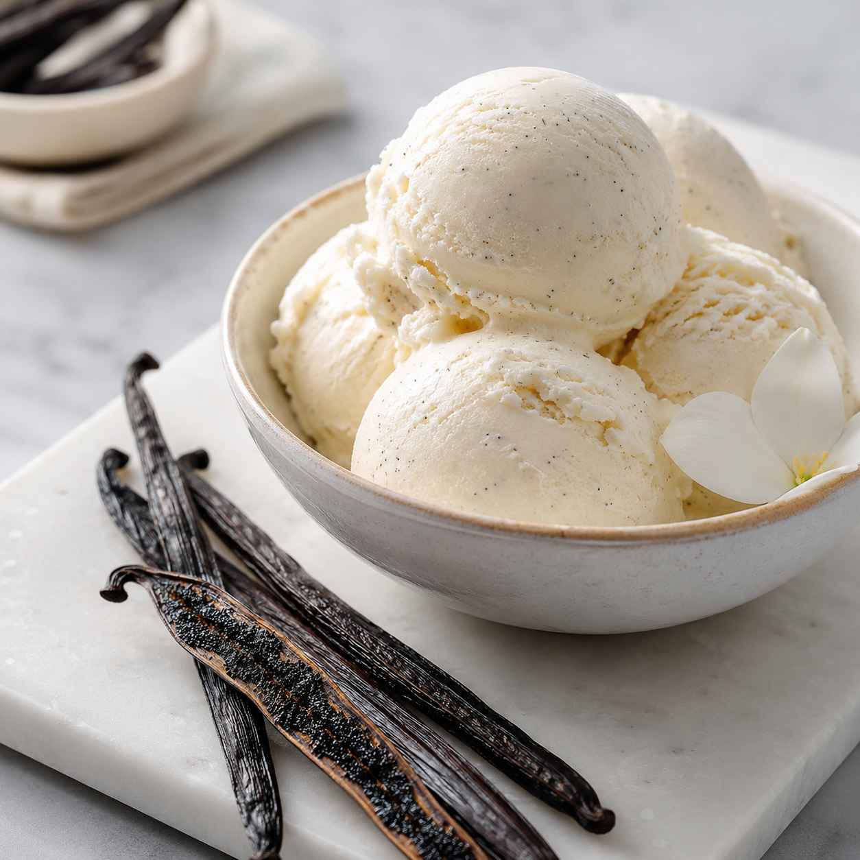 Scoops of vanilla ice cream in a ceramic bowl with vanilla beans and a flower on a marble surface.