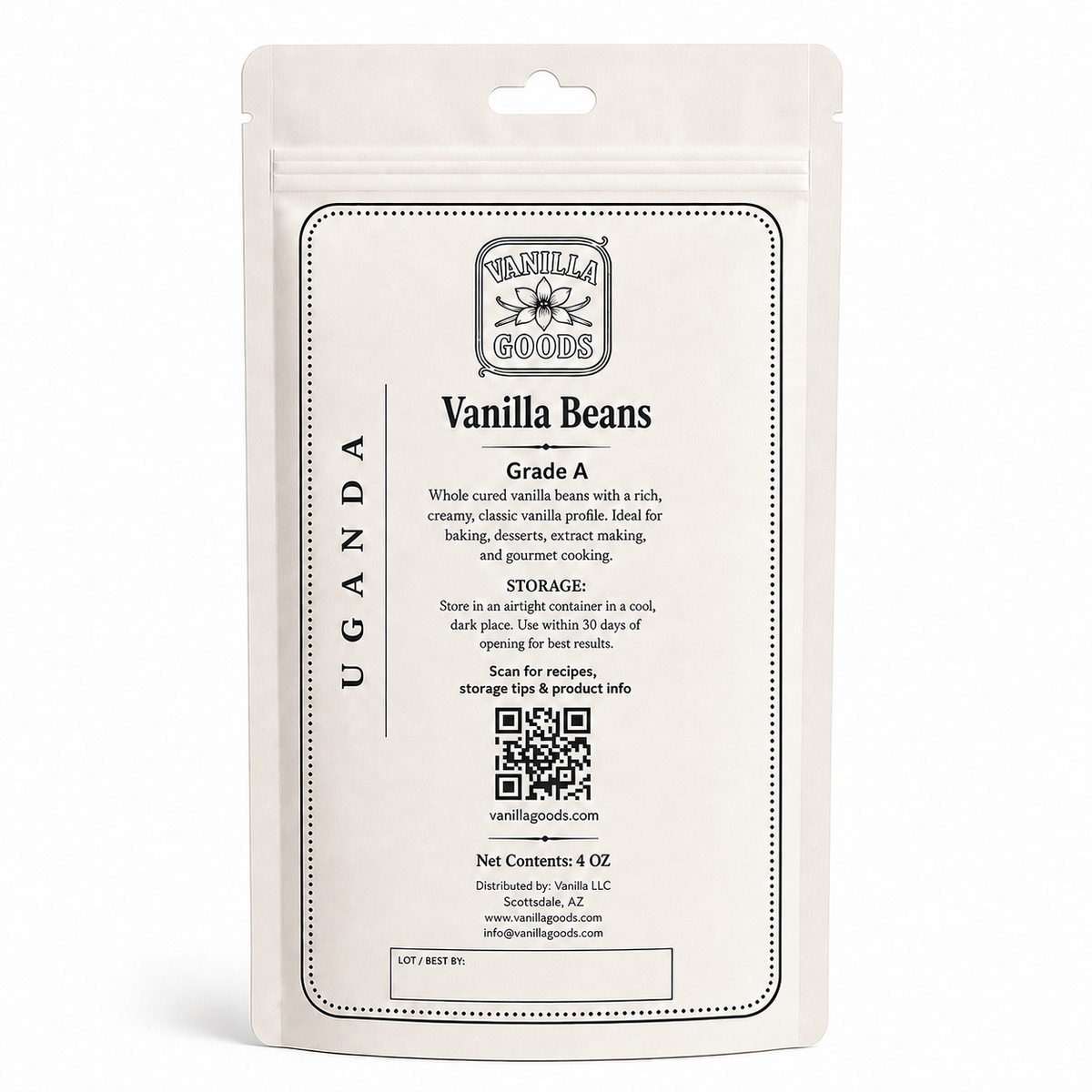Uganda Vanilla Beans, Grade A, 4oz bag