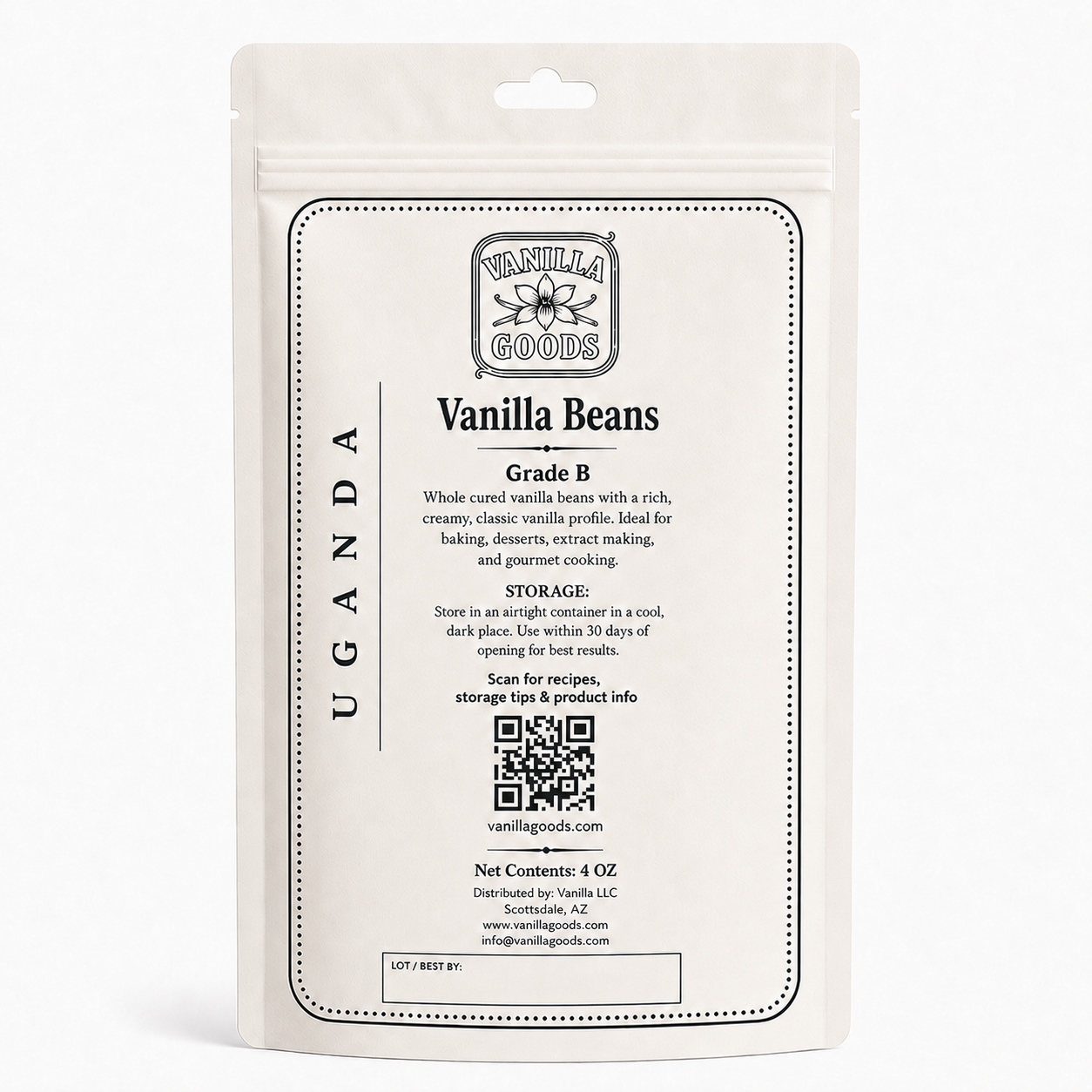 Uganda Vanilla Beans, Grade B, 4oz bag