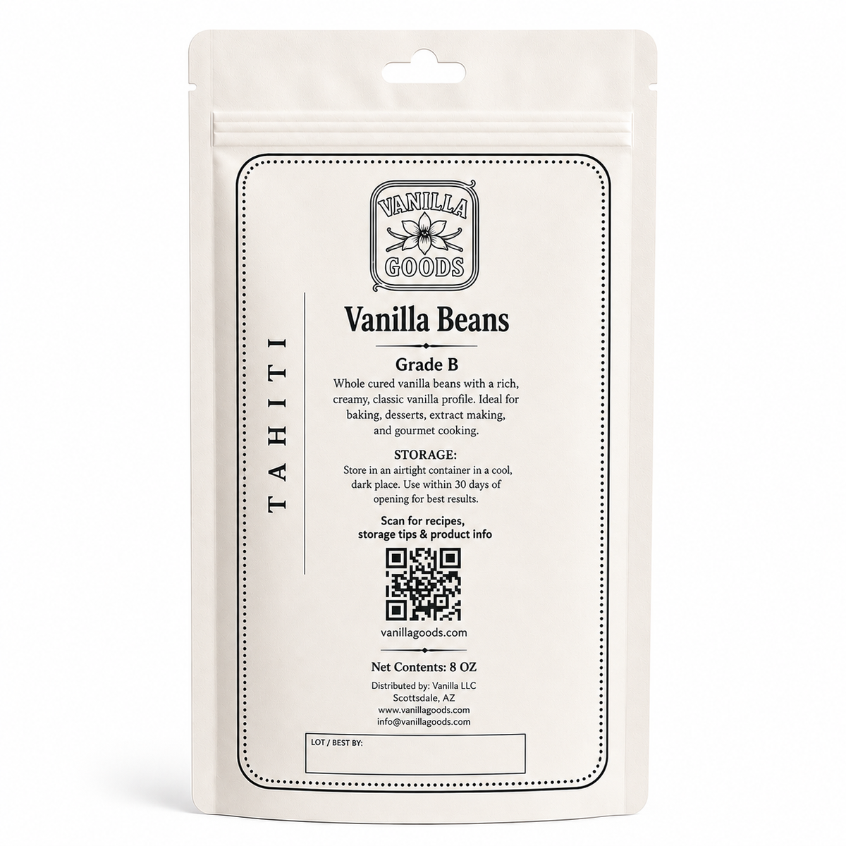 Tahitian Vanilla Beans, Grade B, 8 oz bag