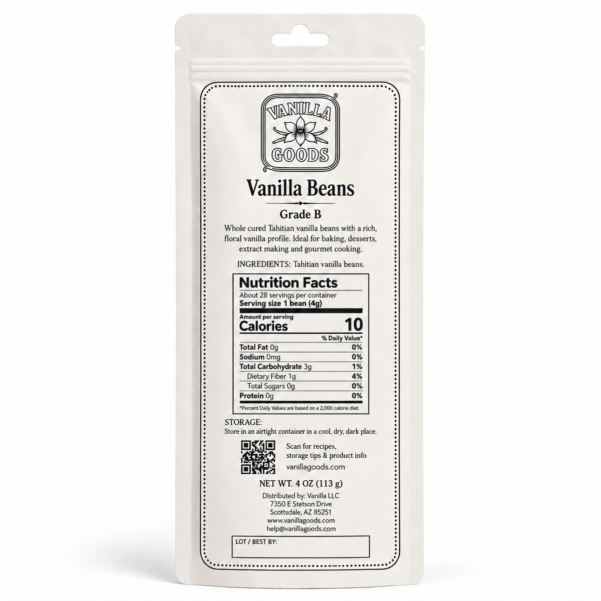 Tahitian Vanilla Beans, Grade B, 4oz bag