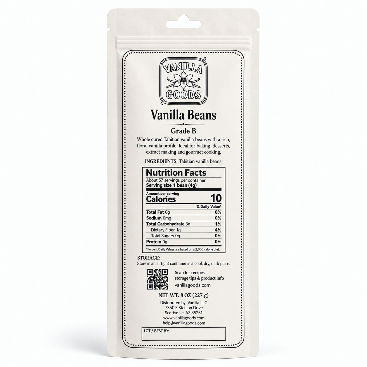 Tahitian Vanilla Beans, Grade B, 8 oz bag