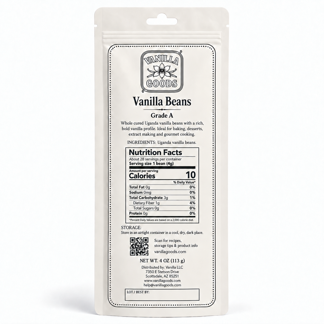 Uganda Vanilla Beans, Grade A, 4oz bag