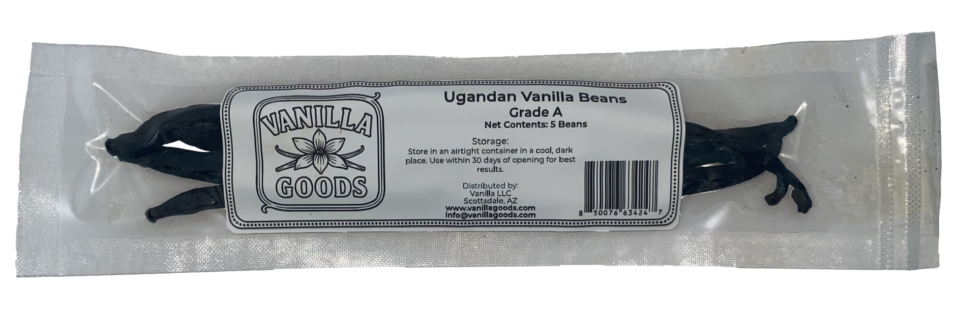 Packaged Ugandan vanilla beans with Vanilla Goods label on a white background