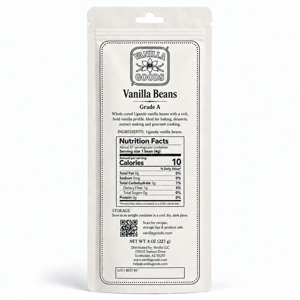 Uganda Vanilla Beans, Grade A, 8 oz bag
