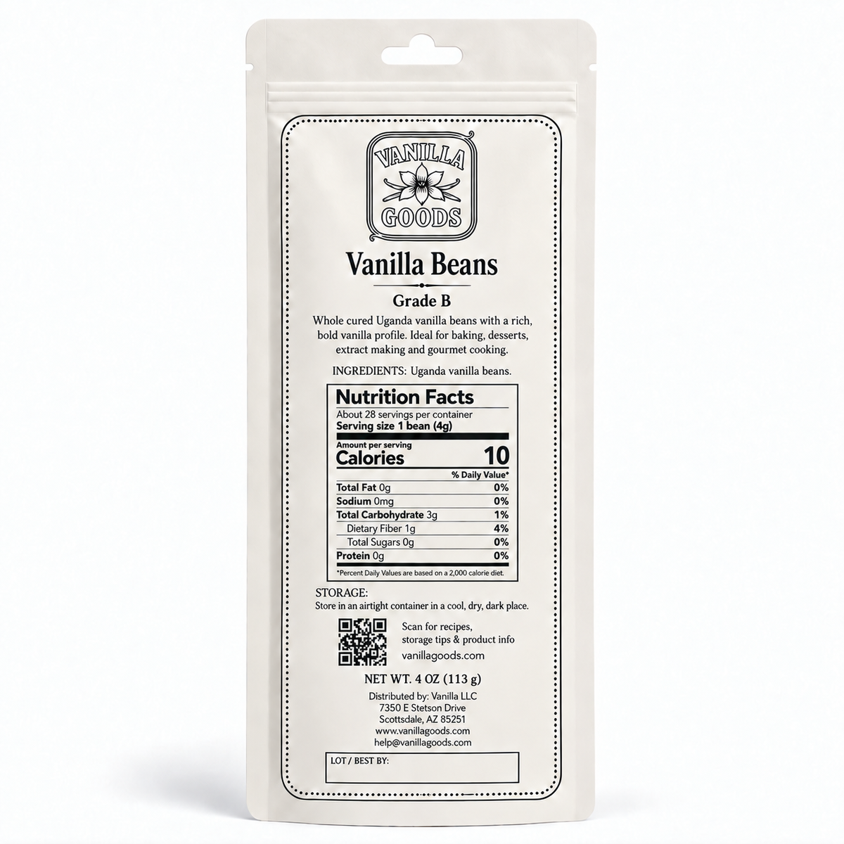 Uganda Vanilla Beans, Grade B, 4oz bag