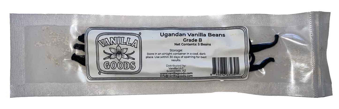Packaged vanilla beans with 'Vanilla Goods' label on a white background