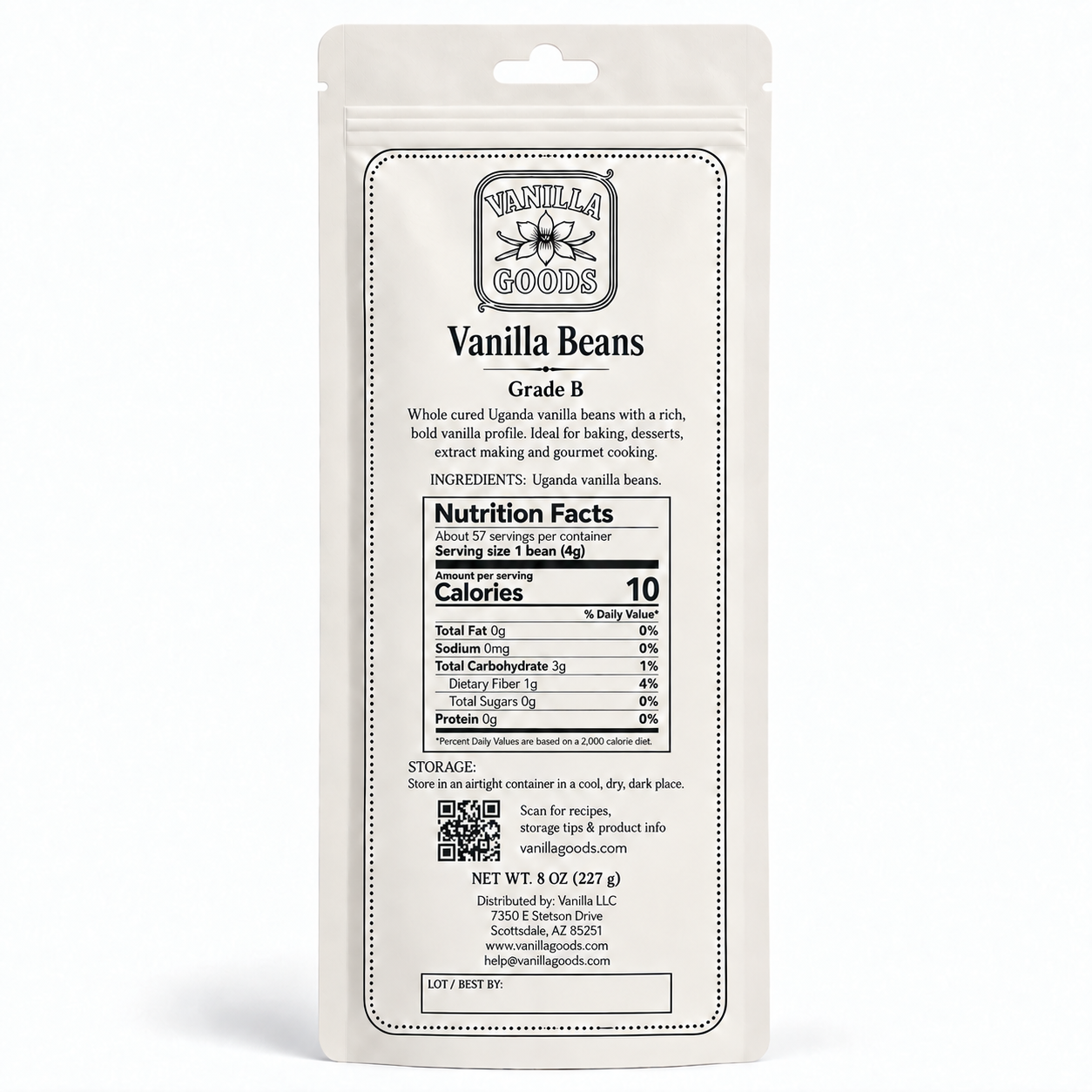 Uganda Vanilla Beans, Grade B, 8 oz bag