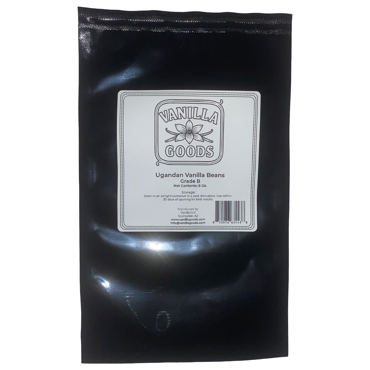 Black bag of Vanilla Goods Ugandan Vanilla Beans with a label on a white background