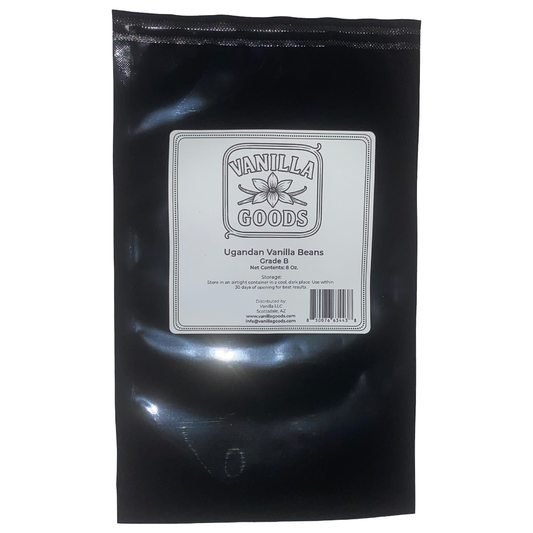 Black bag of Vanilla Goods Ugandan Vanilla Beans with a label on a white background