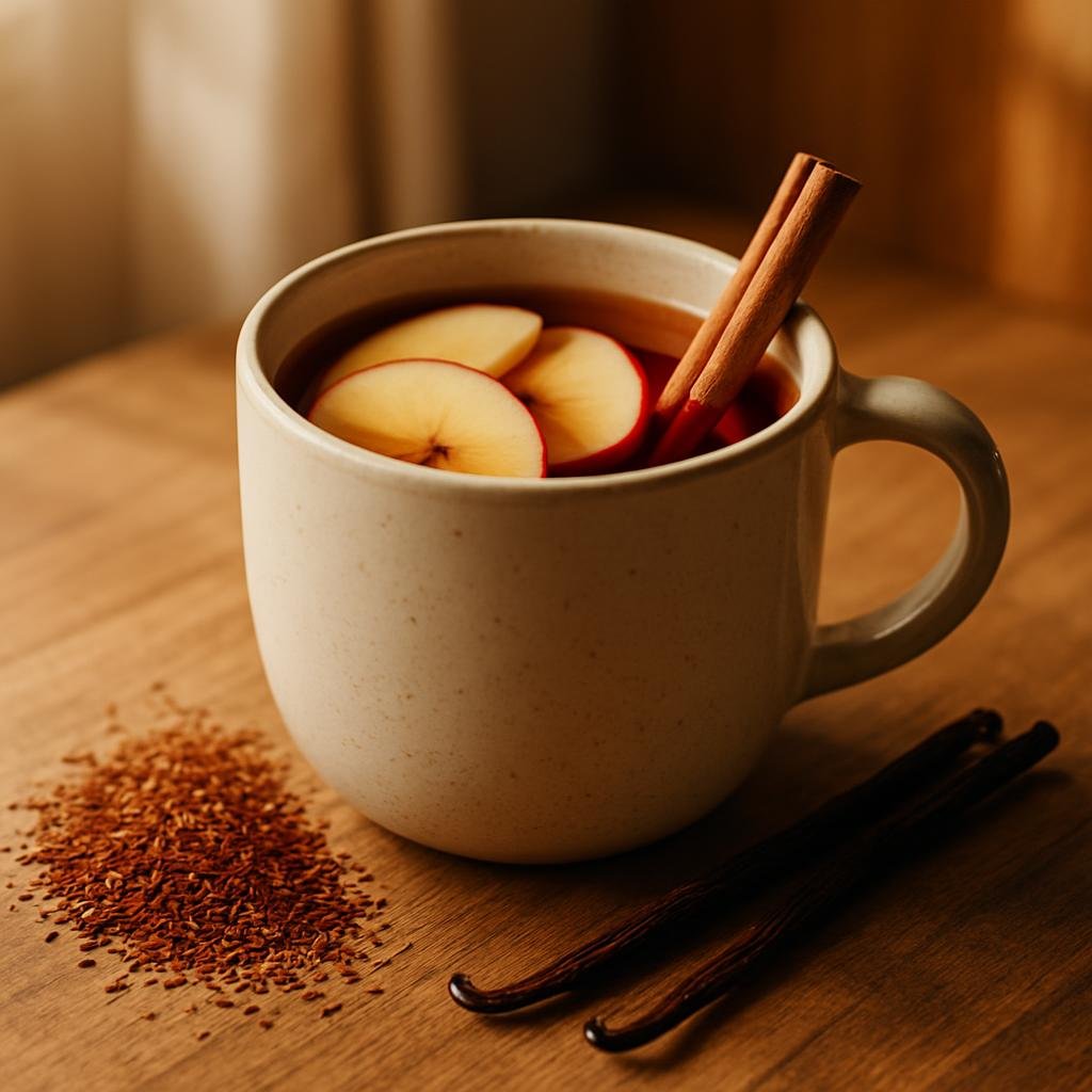Apple Cider Rooibos Tea served with vanilla bean pods