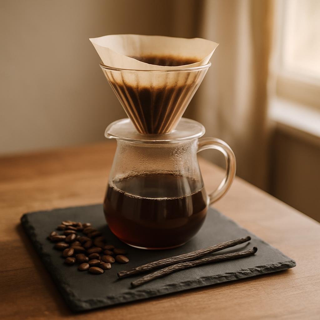 Bali Blue Single-Origin Coffee served with vanilla bean pods