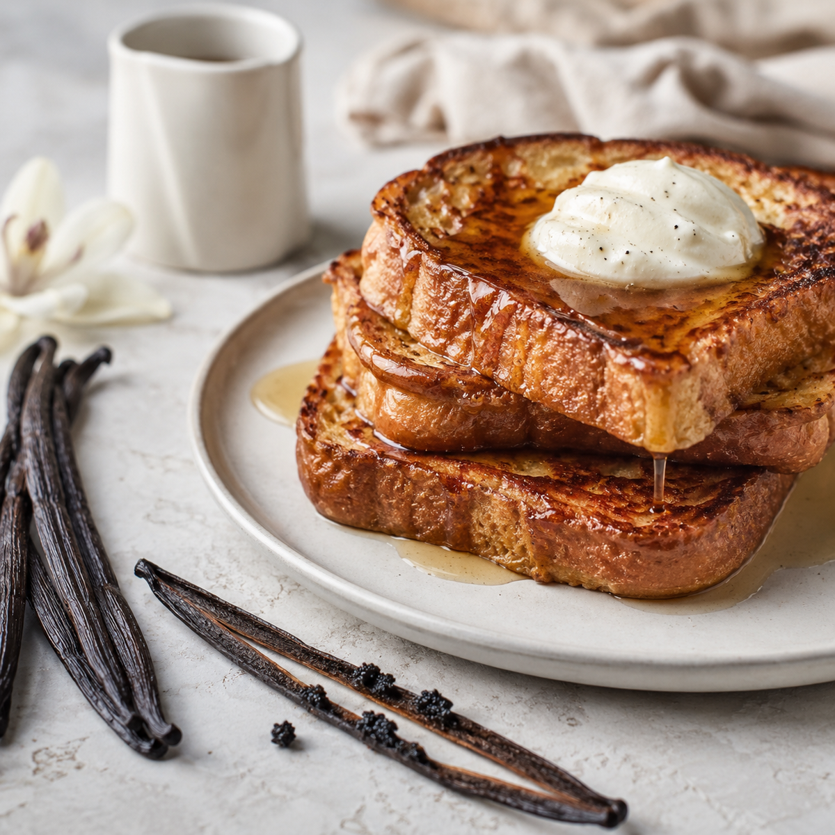 Two slices of golden-brown French toast stacked on a white plate, topped with a butter and syrup, with vanilla beans and a small white mug in a softly styled kitchen setting.