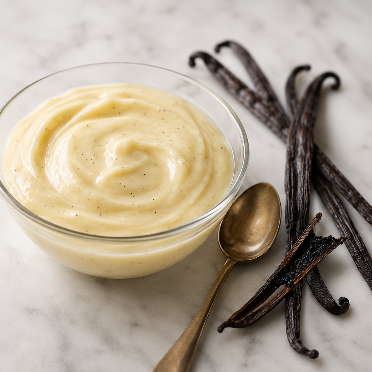 A glass bowl filled with creamy pale custard sits on a light marble surface, with vanilla beans and a spoon beside it.