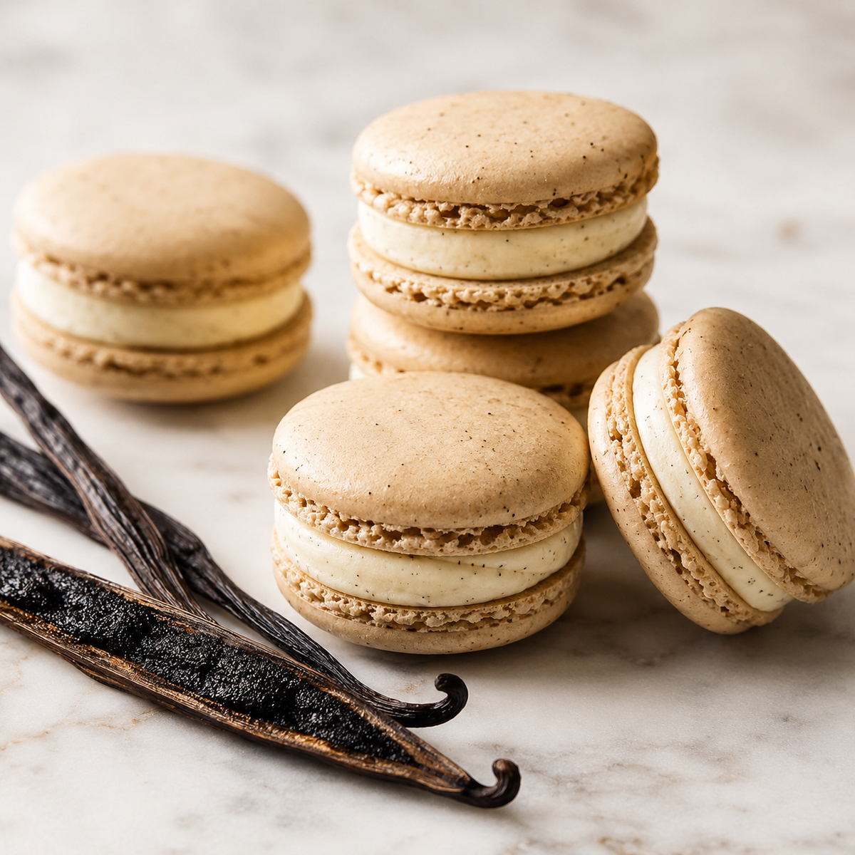 Four vanilla macarons with light beige shells and creamy off-white filling, arranged on a light marble surface with two dark vanilla bean pods in the foreground.
