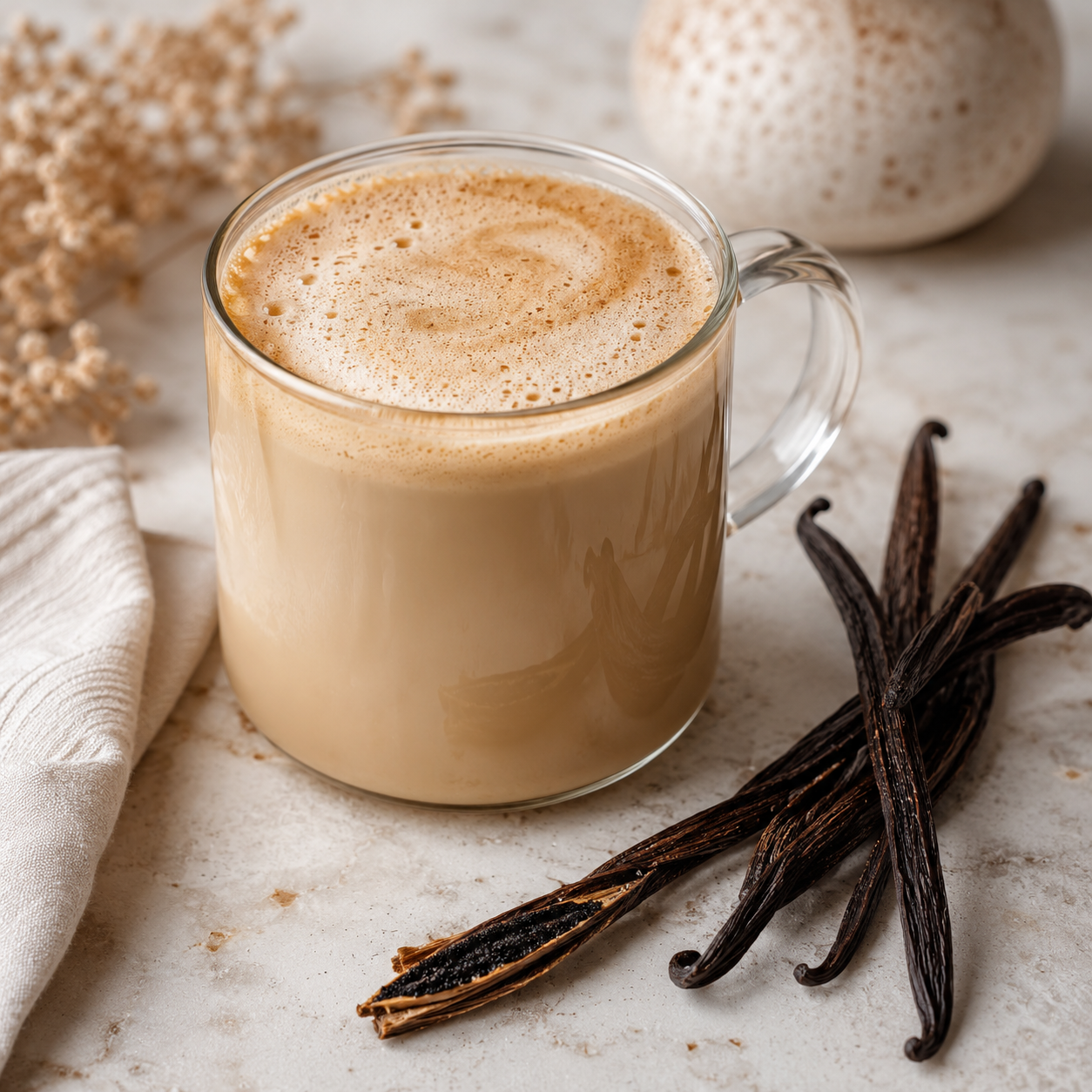 A clear glass mug filled with a creamy latte drink topped with foam, styled on a light stone surface with vanilla beans and a folded cream cloth nearby.