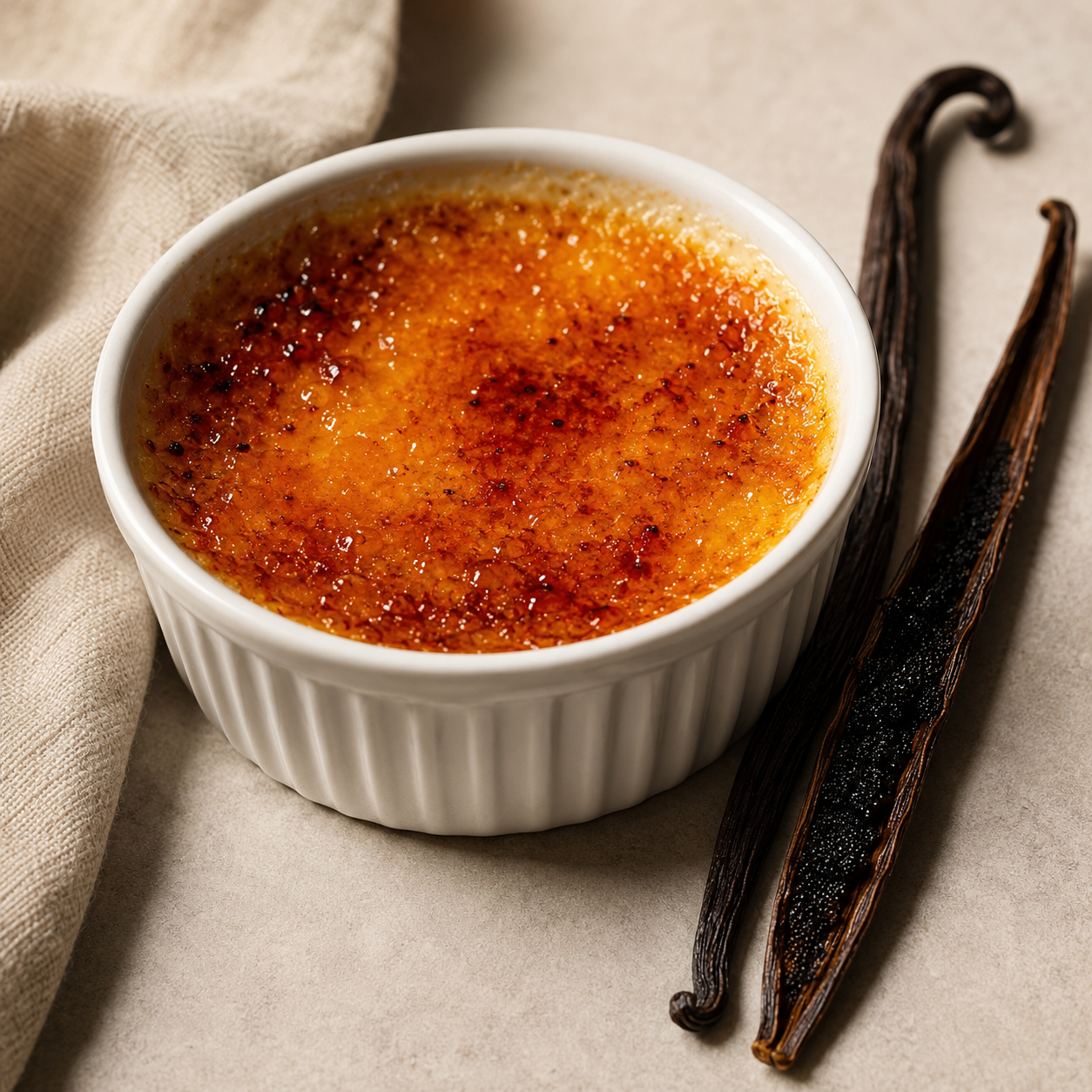 A white ramekin filled with crème brûlée and topped with a caramelized crust, styled on a beige surface with vanilla beans.