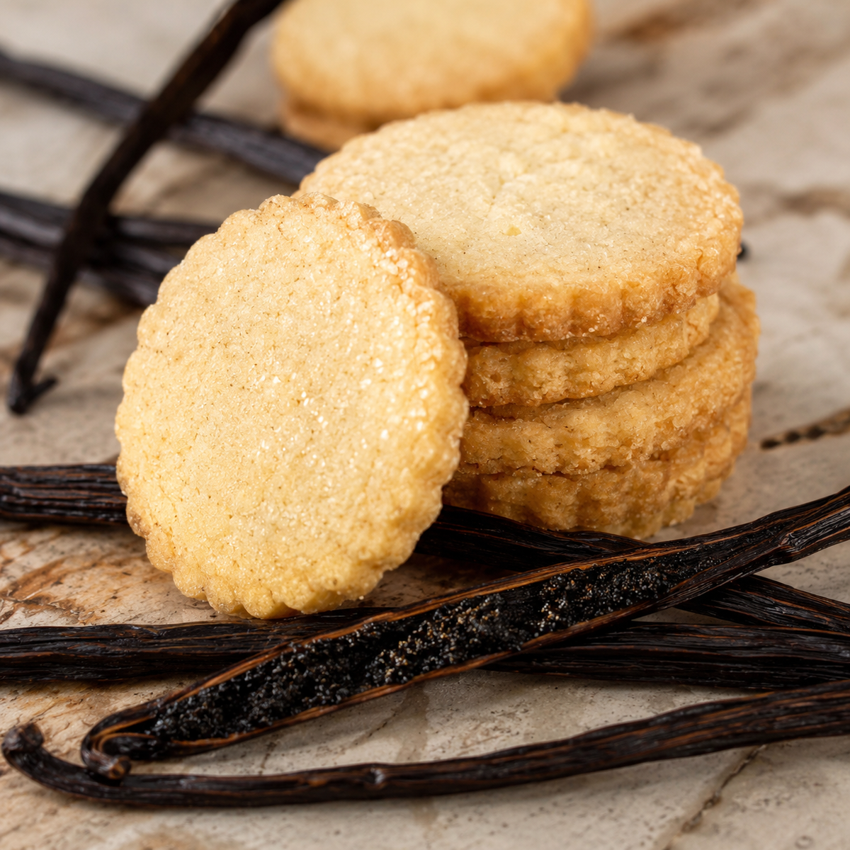 Three round golden-beige shortbread cookies arranged on a light stone surface with dark vanilla beans around them.