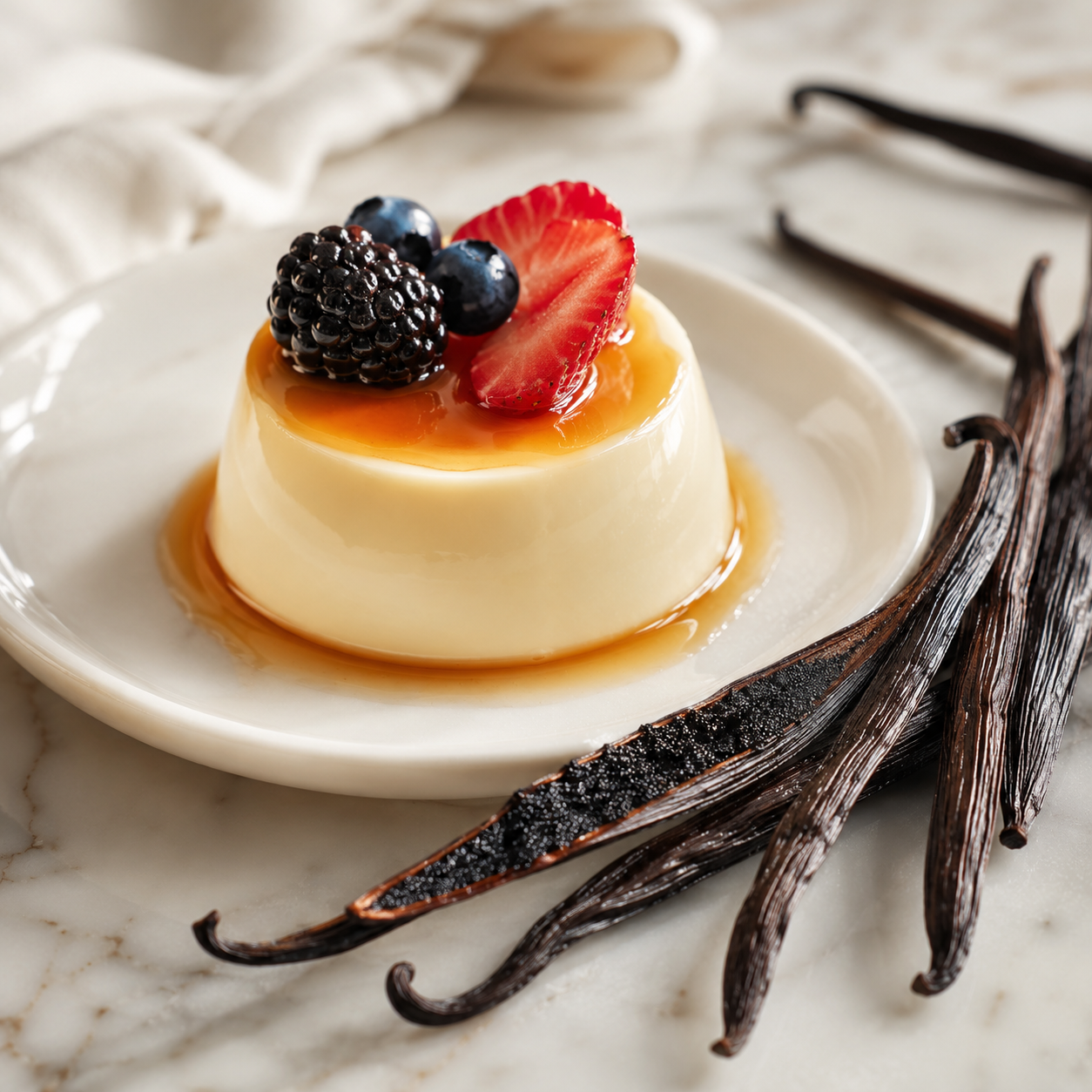 A small dessert panna cotta on a white plate, topped with caramel sauce, a blackberry, blueberries, and a strawberry slice, with vanilla beans on a marble surface.