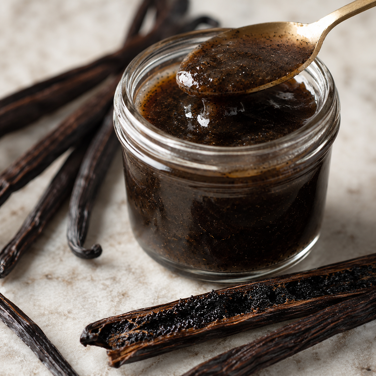 A small clear glass jar filled with dark brown vanilla paste or jam, with a spoon lifting some of the contents. Several whole and cracked vanilla beans are arranged around the jar on a light stone-like surface.