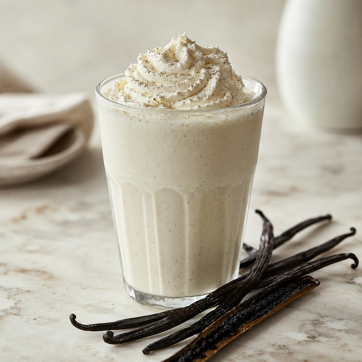 A creamy vanilla shake in a clear glass, topped with whipped cream and sprinkled with cinnamon, set on a marble surface with vanilla beans in the foreground.
