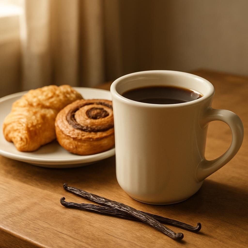 Breakfast Blend Coffee served with vanilla bean pods