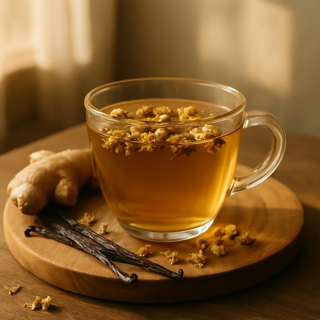 Chamomile Ginger Tea served with vanilla bean pods