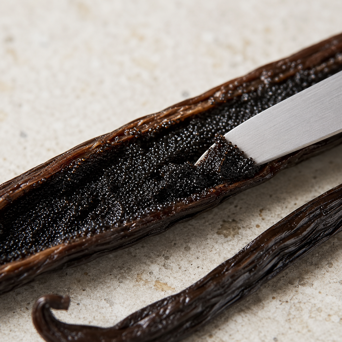 A close-up of a vanilla bean split open, showing the dark brown pod interior filled with tiny black seeds, with a metal spatula scraping some of the seeds onto a light stone surface.