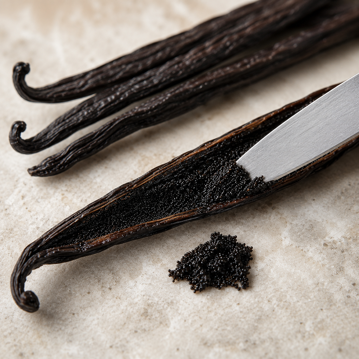 A close-up of vanilla beans and a cracked pod showing dark vanilla extract or seeds, with a metal spoon scraping the contents, on a light stone surface.