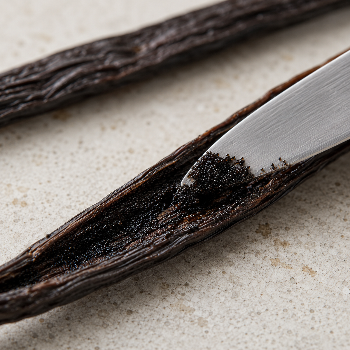 A close-up of a vanilla bean being opened with a knife, showing dark brown and black vanilla seeds on a light textured surface.