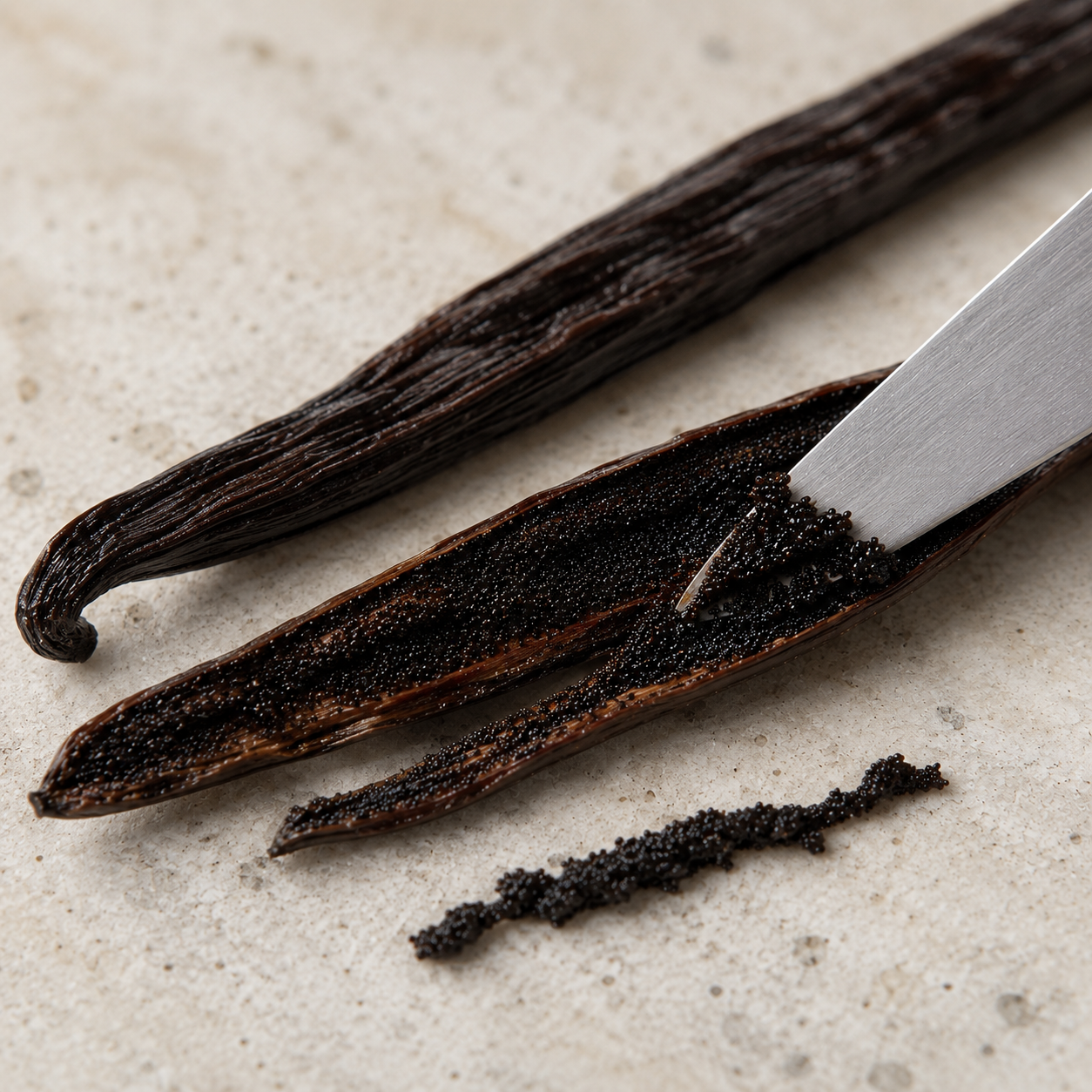 A close-up of a vanilla bean split open with a knife, showing dark brown seeds and a few loose seeds on a light stone surface.