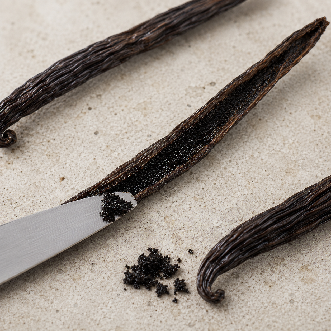 Close-up of vanilla beans and a small pile of vanilla caviar on a light beige textured surface, with a metal spatula holding some extract.