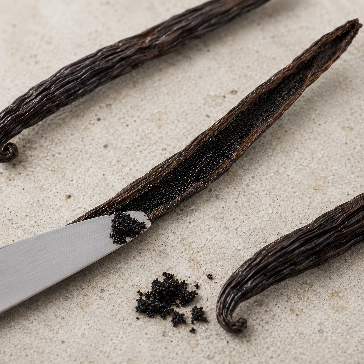 Close-up of vanilla beans and a small pile of vanilla caviar on a light beige textured surface, with a metal spatula holding some extract.
